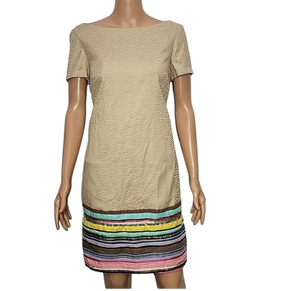 Muse Beige Zebra Print Shift Dress With Multicolor Embroidery And Sequins Size 6